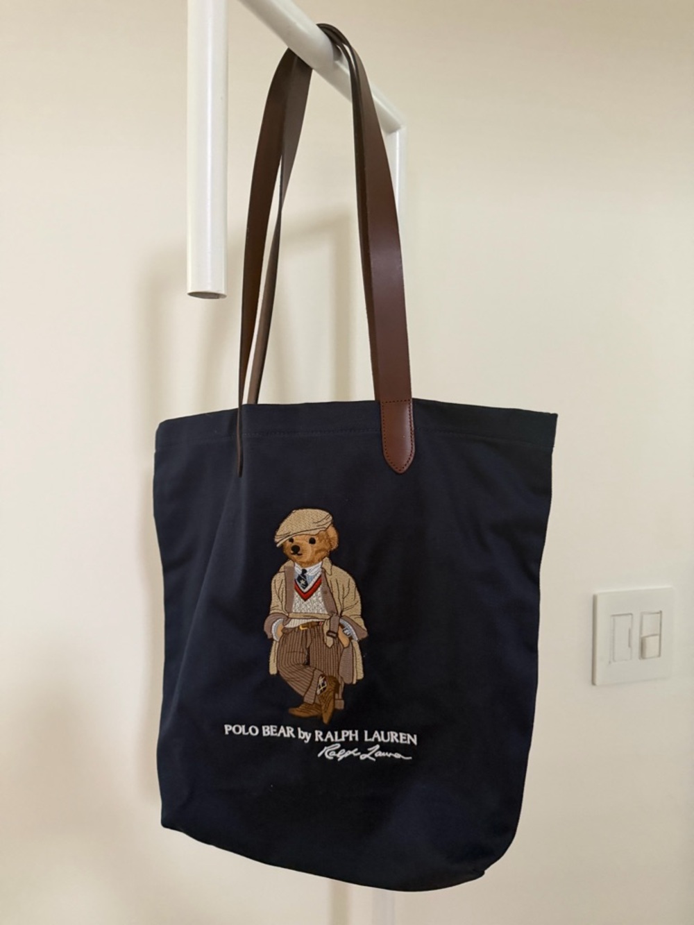 Ralph Lauren Navy Canvas Tote with Brown Leather Straps and Polo Bear